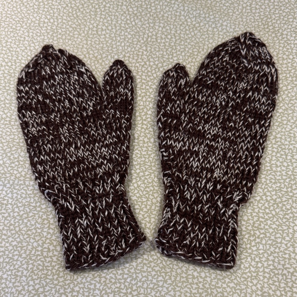 Brown and White Knit Mittens